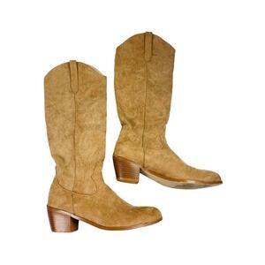 Womens Faux Leather Knee High Block Heels Western Cowboy Work Boots Tan Size 41